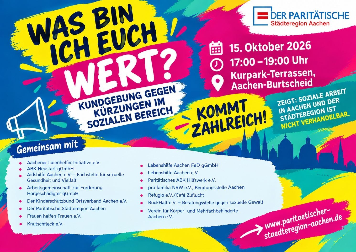 Flyer zur Kundgebung „Was bin ich euch wert?“ gegen Kürzungen im sozialen Bereich: 15. Oktober 2026, 17 bis 19 Uhr, Kurpark-Terrassen in Aachen-Burtscheid.